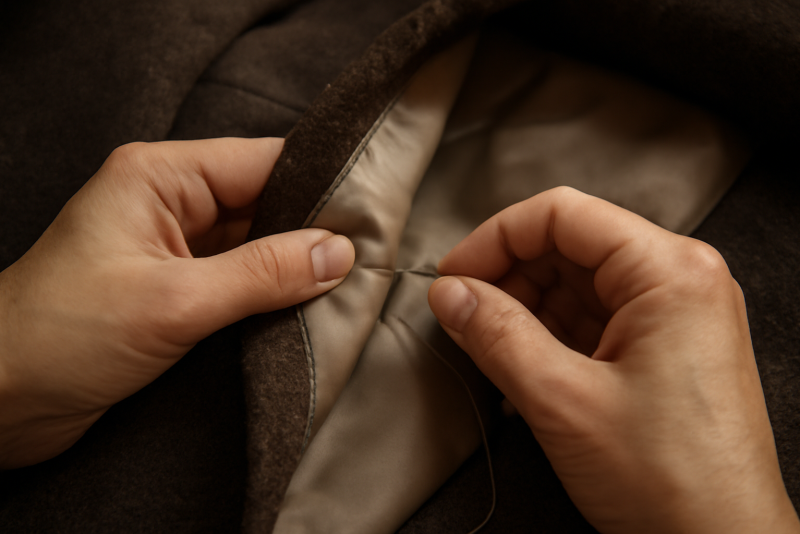 main cousant doucement la doublure d'un manteau