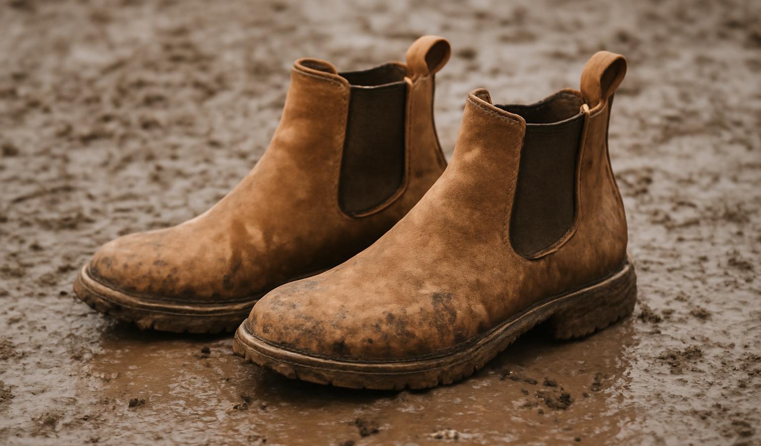 bottines en daim posées sur sol boueux