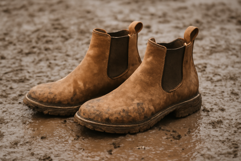 bottines en daim posées sur sol boueux