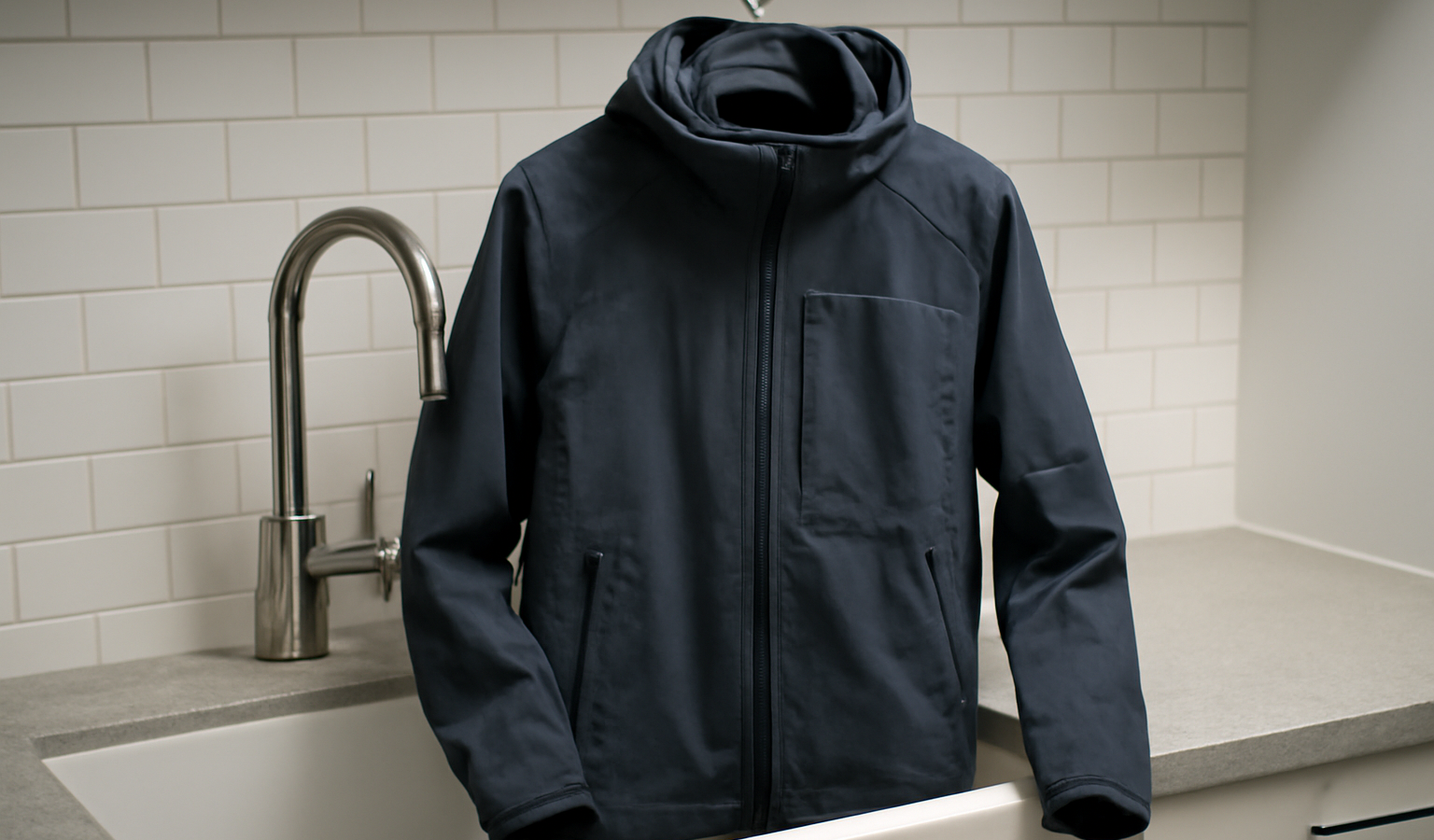 veste technique suspendue près d'un évier