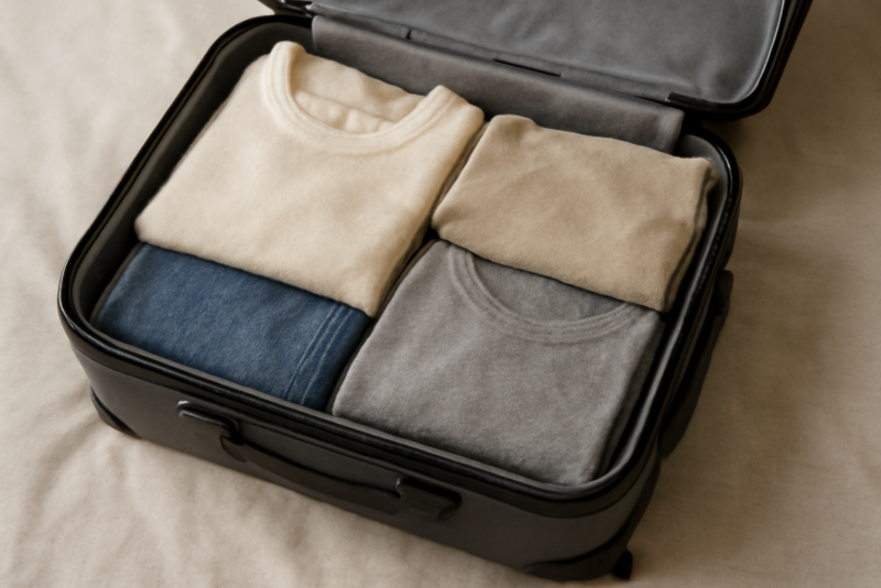 petite valise ouverte avec tenues pliées