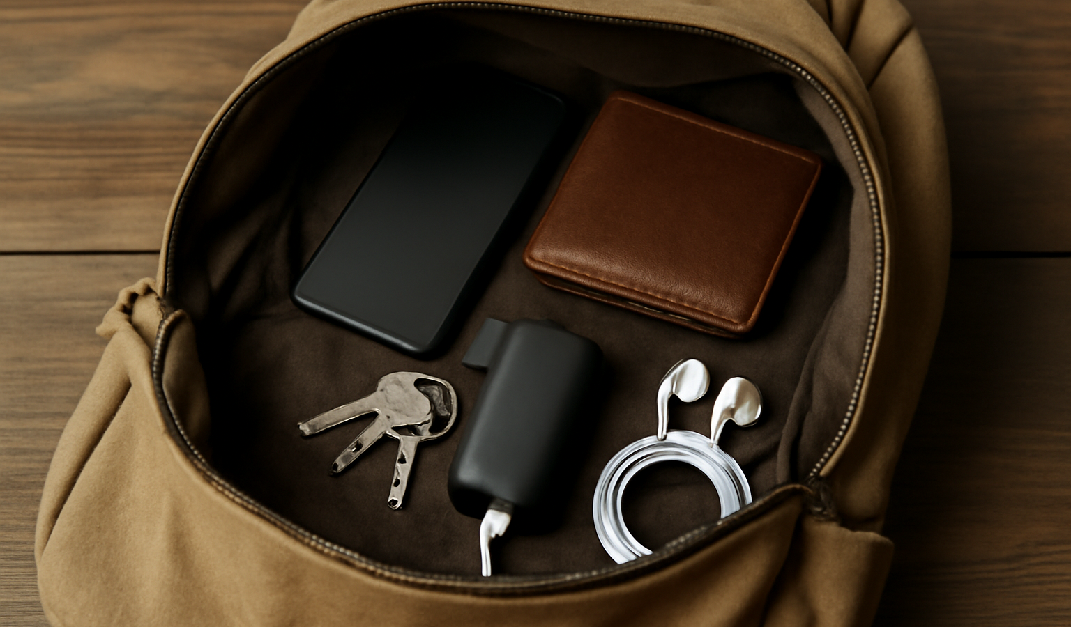 sac ouvert contenant quelques objets essentiels
