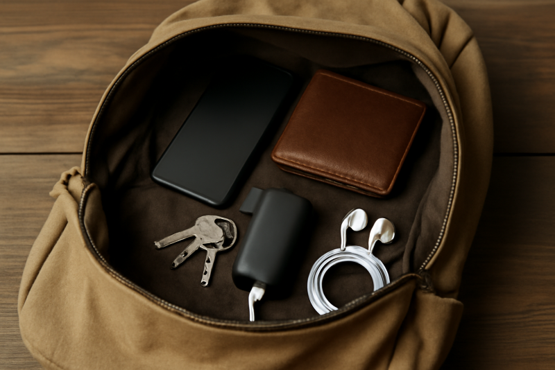 sac ouvert contenant quelques objets essentiels