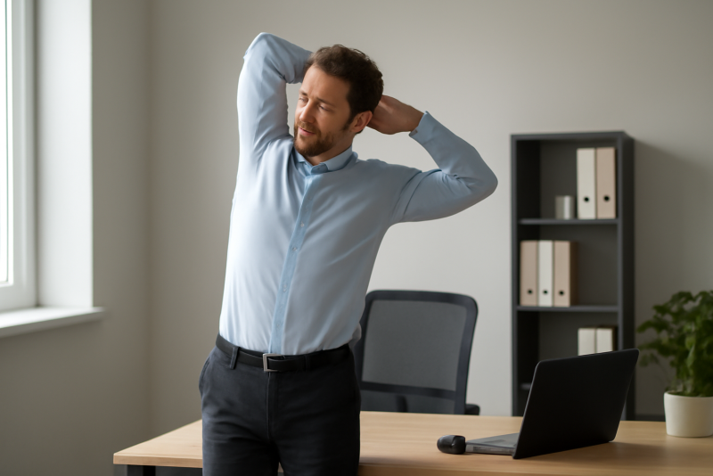 personne faisant etirements debout pres bureau