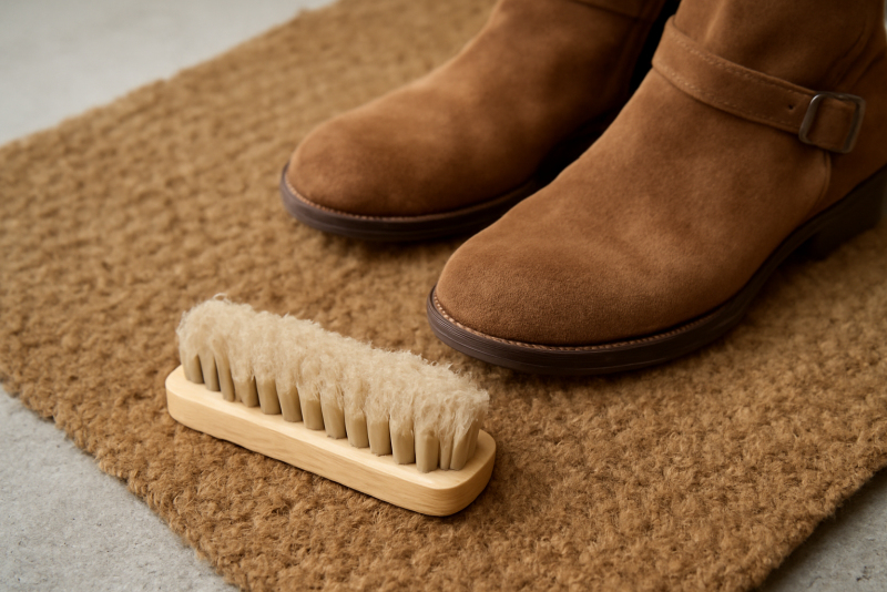 brosse à daim posée près de bottines sur le paillasson
