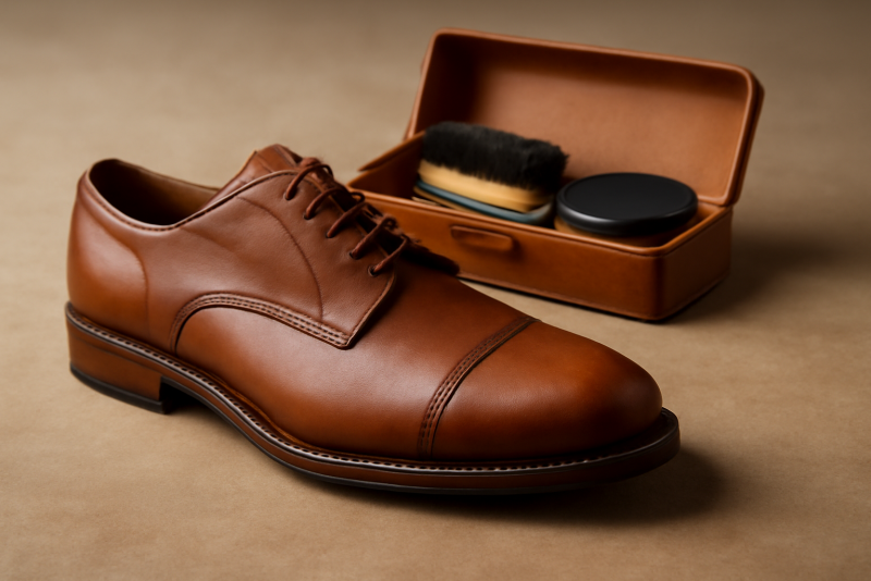 chaussures en cuir posées près d'un kit