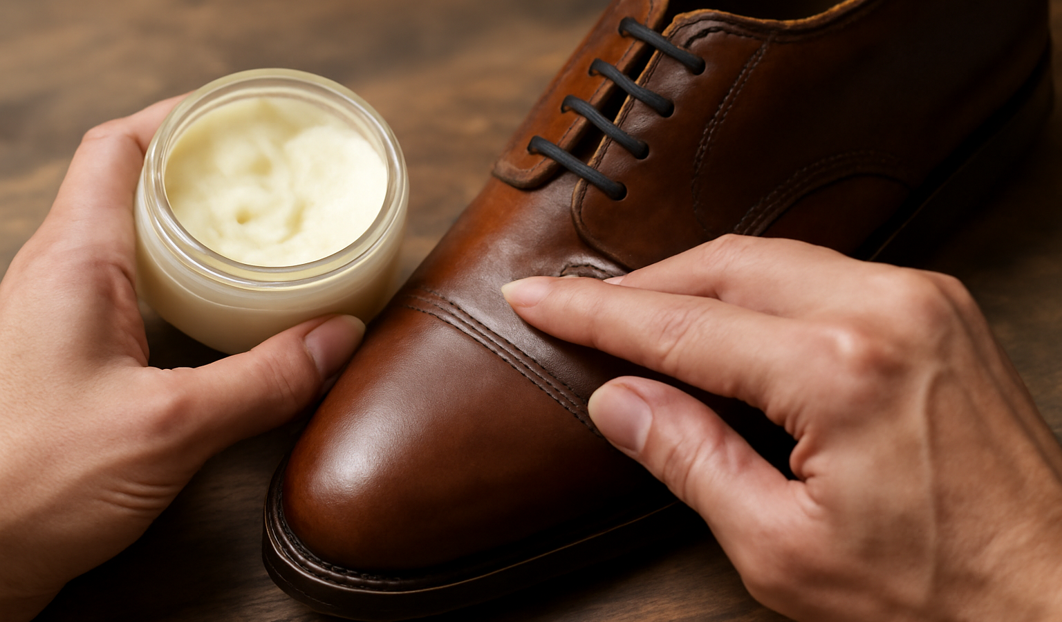 mains appliquant baume sur chaussure en cuir
