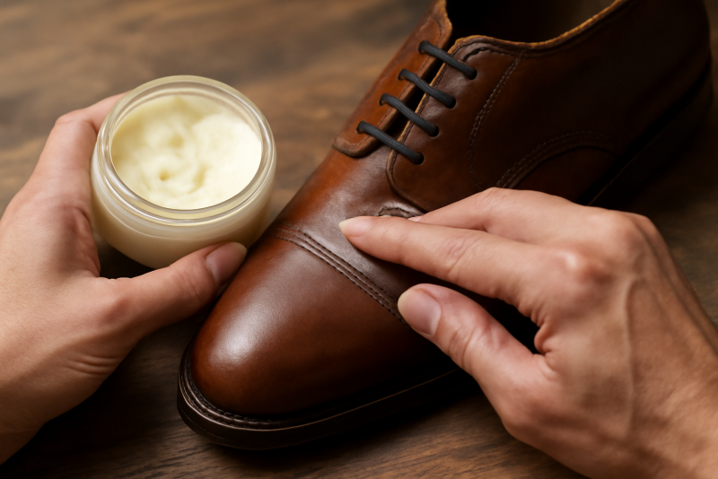 mains appliquant baume sur chaussure en cuir