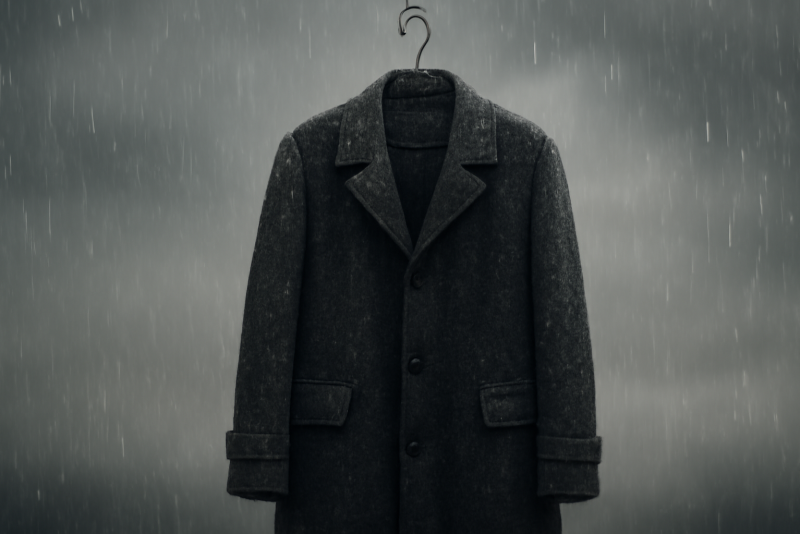 manteau suspendu sous une pluie fine