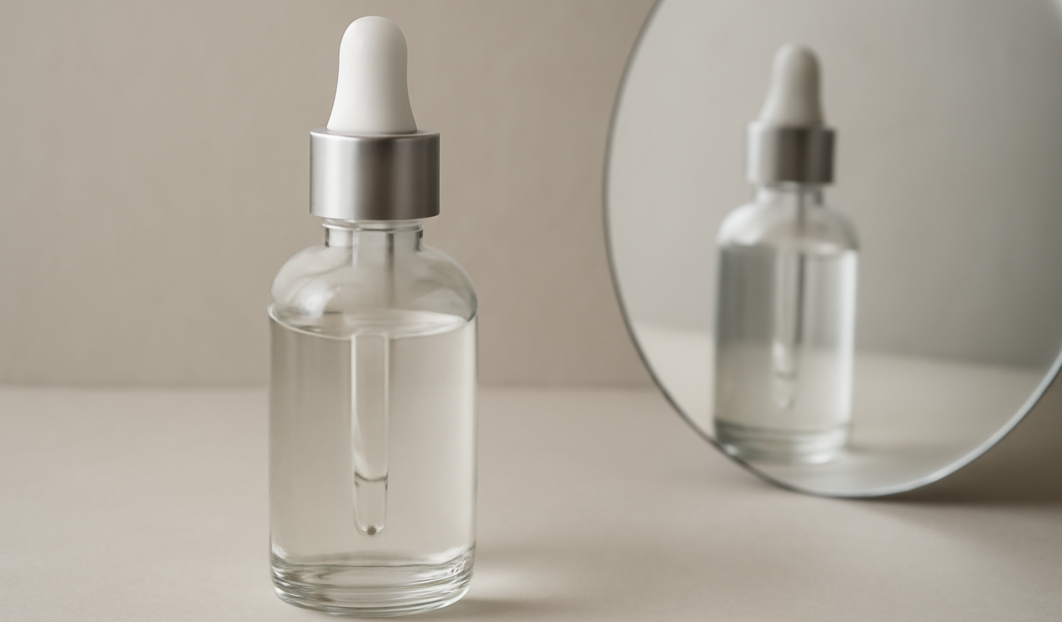 flacon de sérum posé près d'un miroir simple