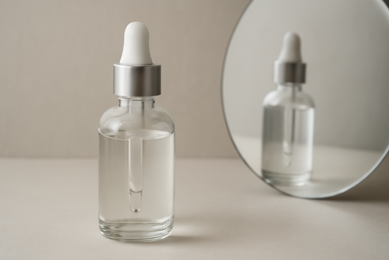 flacon de sérum posé près d'un miroir simple