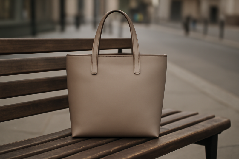 sac minimal posé sur un banc urbain