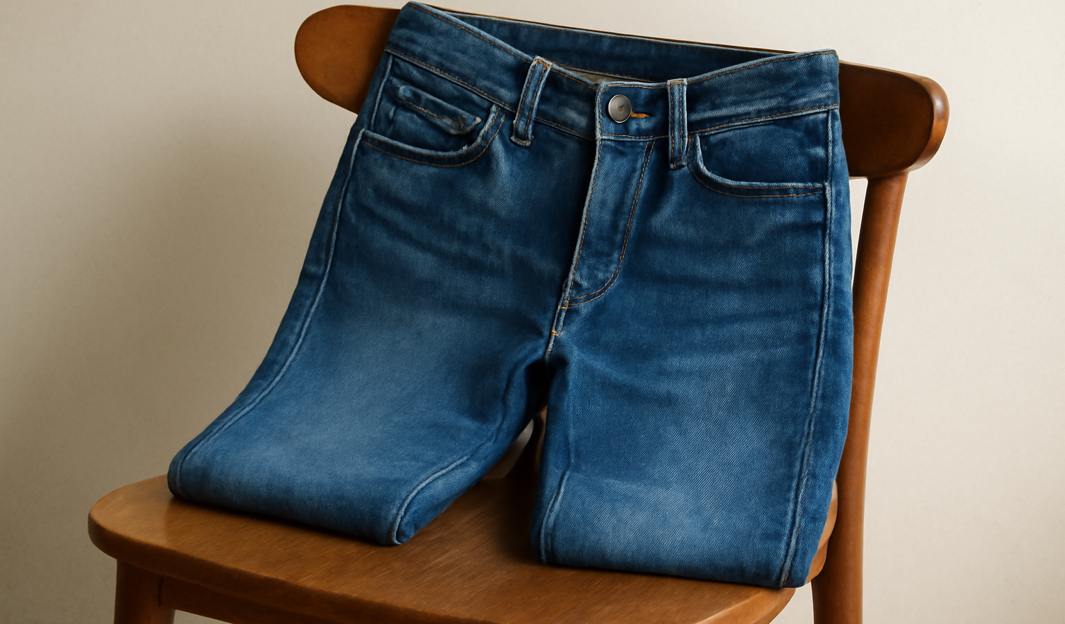 jean posé sur un dossier de chaise en bois