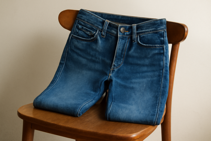 jean posé sur un dossier de chaise en bois