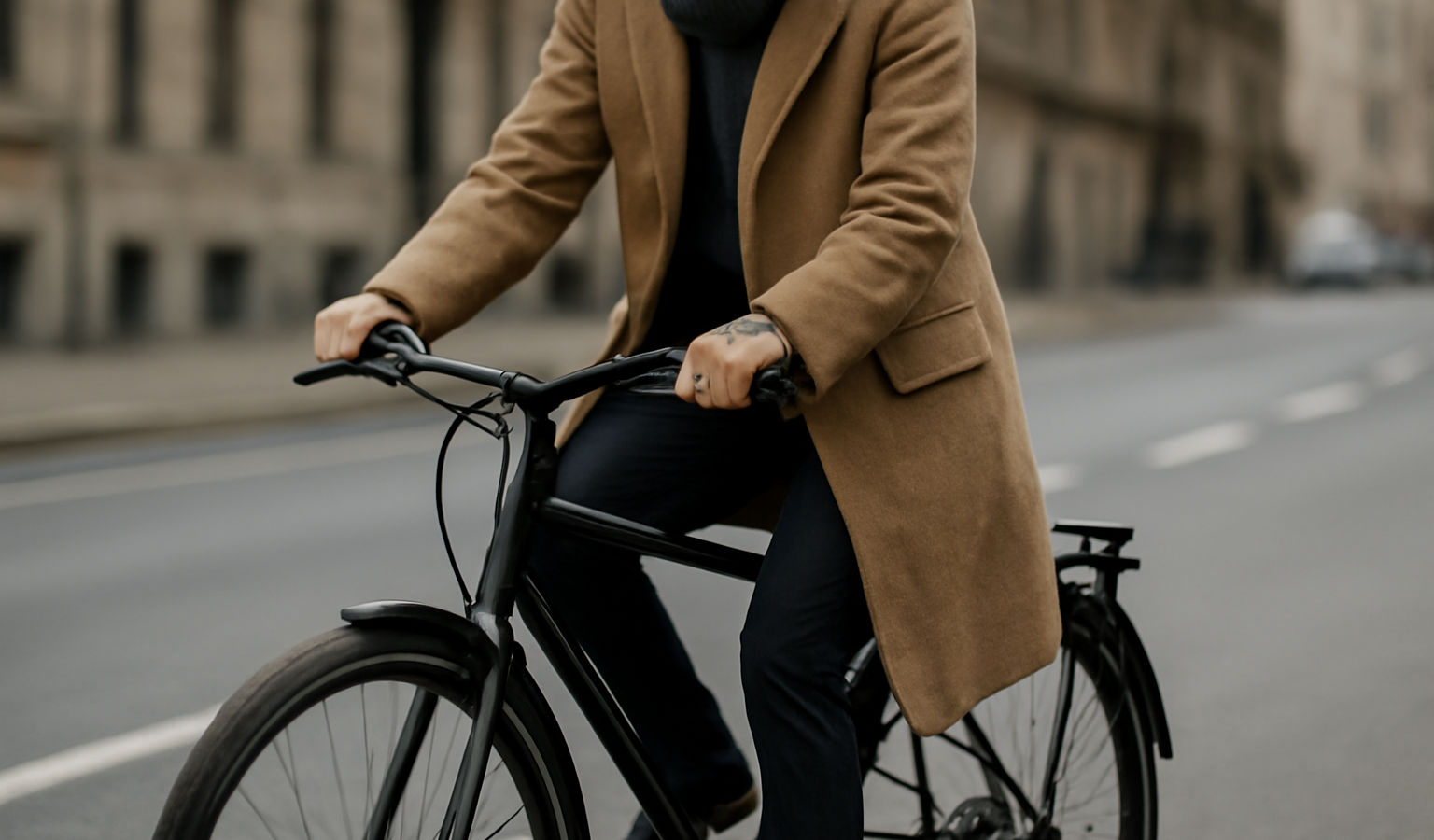 personne en manteau sur vélo urbain