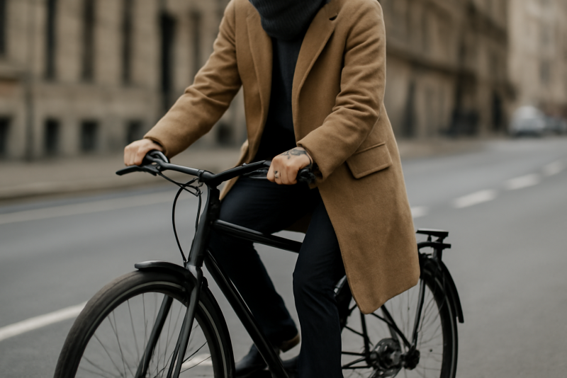 personne en manteau sur vélo urbain