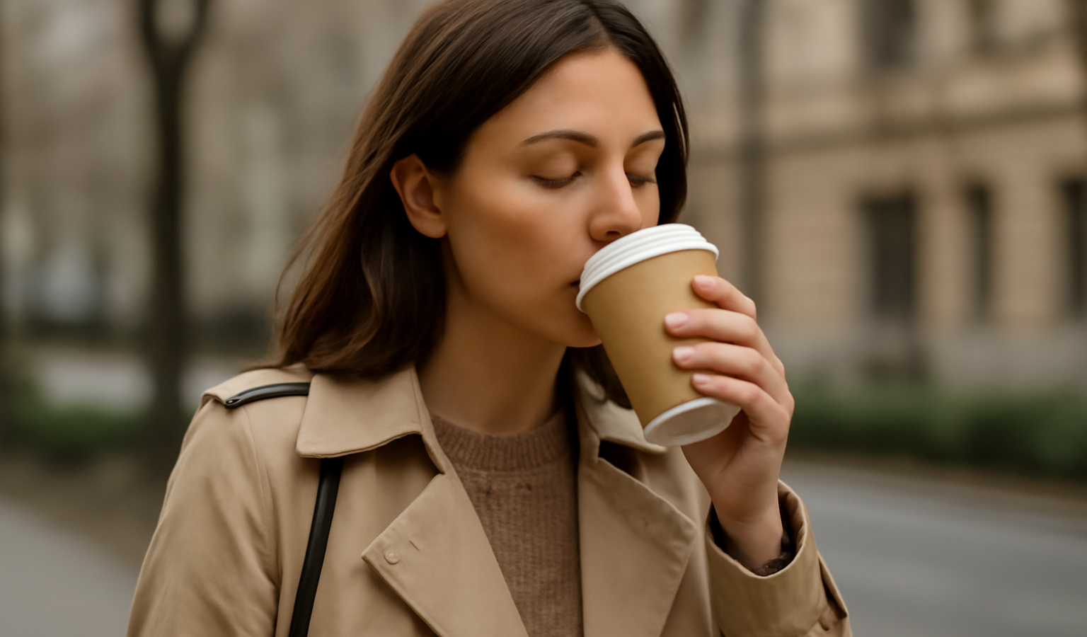 personne en manteau léger buvant un café dehors