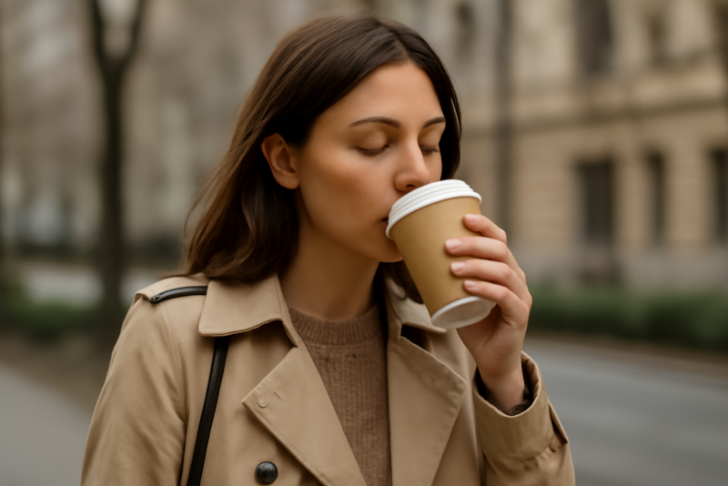 personne en manteau léger buvant un café dehors