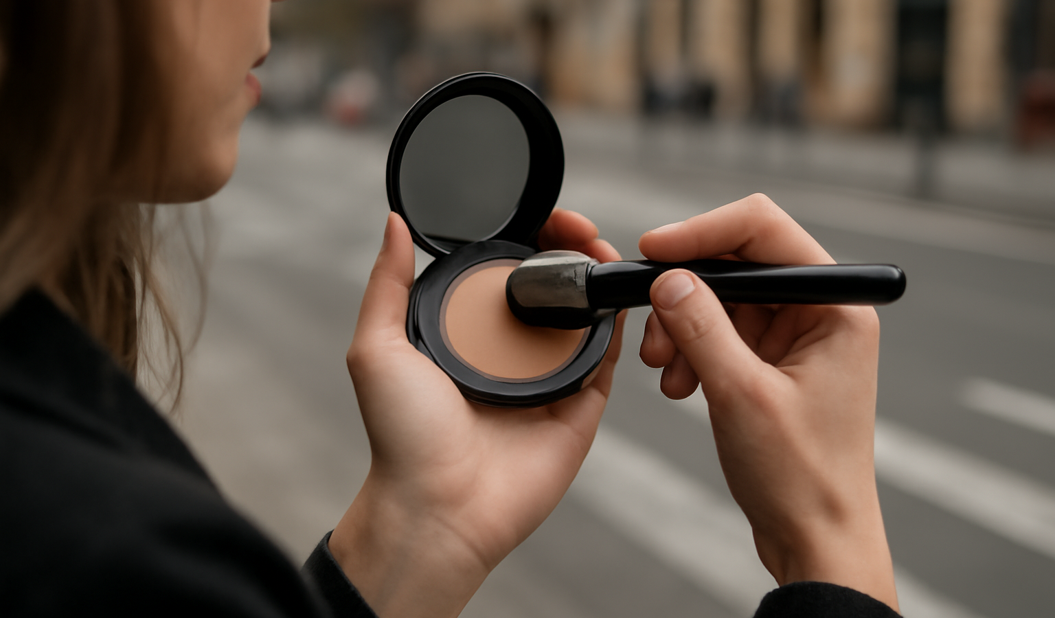mains retouchant maquillage en pause urbaine