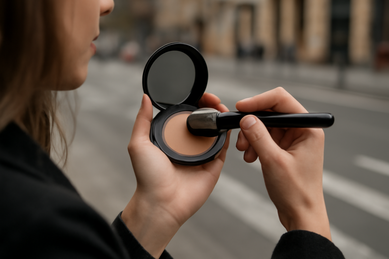 mains retouchant maquillage en pause urbaine