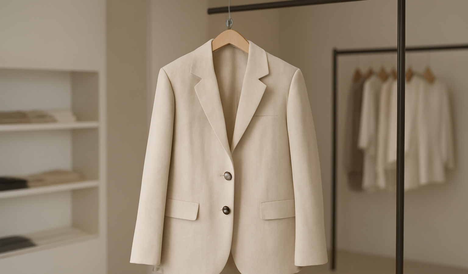 veste neutre suspendue dans boutique minimaliste