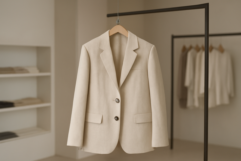 veste neutre suspendue dans boutique minimaliste