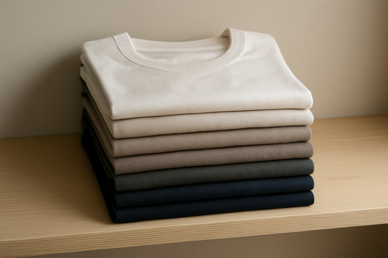 pile de t-shirts neutres sur etagere