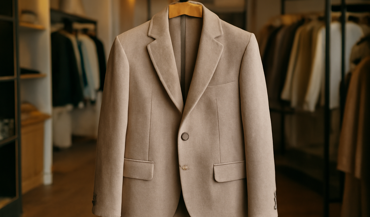 veste créateur posée sur cintre en boutique locale