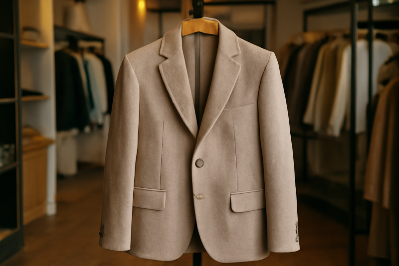 veste créateur posée sur cintre en boutique locale