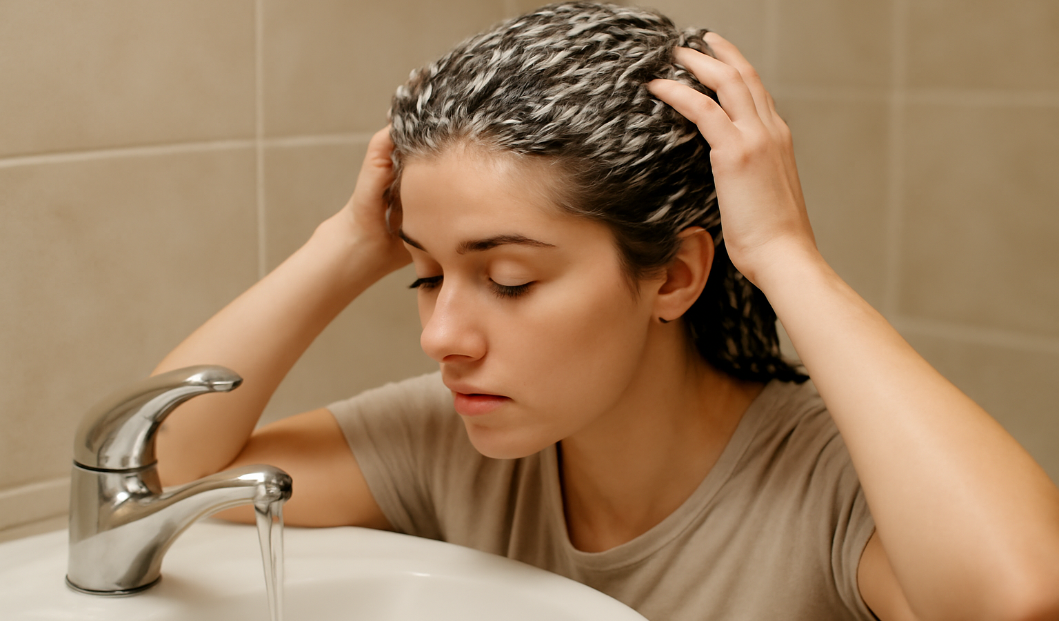 personne appliquant masque sur cheveux au lavabo