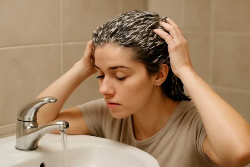 personne appliquant masque sur cheveux au lavabo