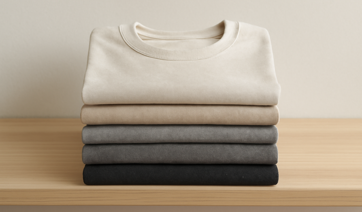 pile de t‑shirts neutres sur étagère simple