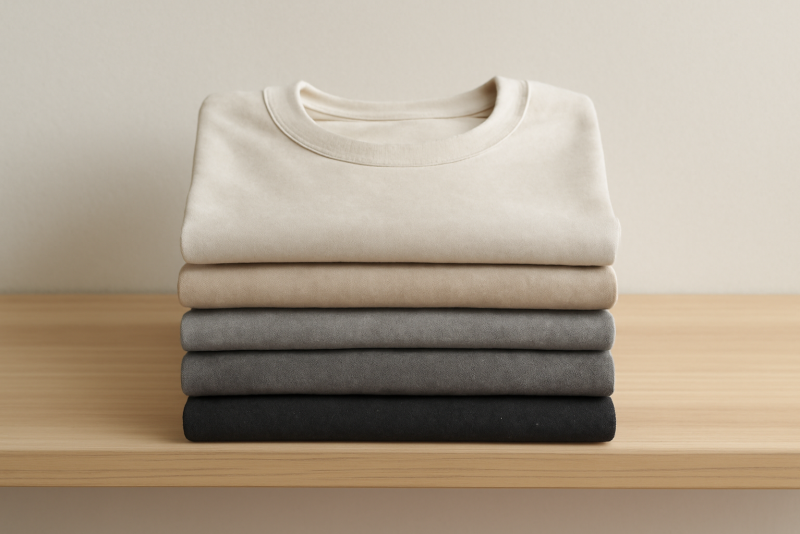 pile de t‑shirts neutres sur étagère simple