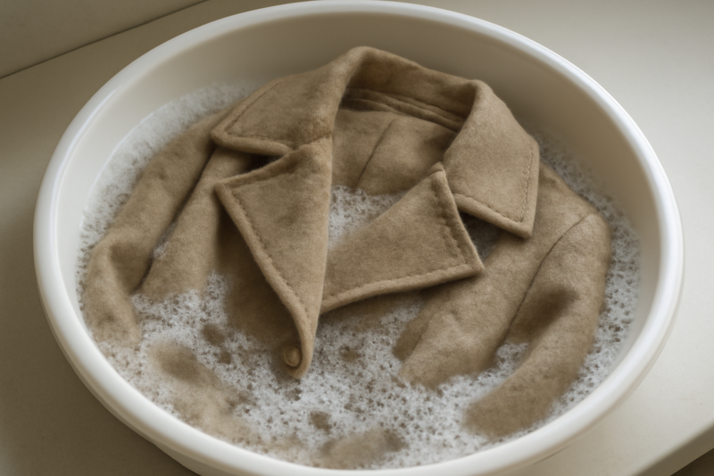 manteau posé dans une bassine avec savon doux