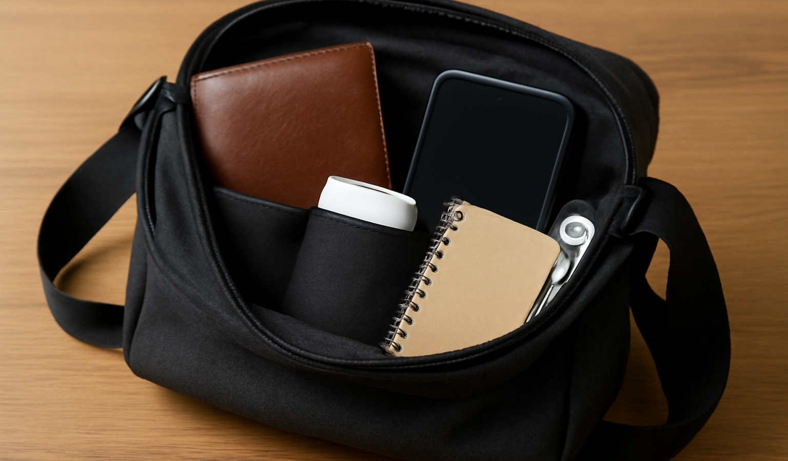 sac bandouliere ouvert avec essentiels visibles