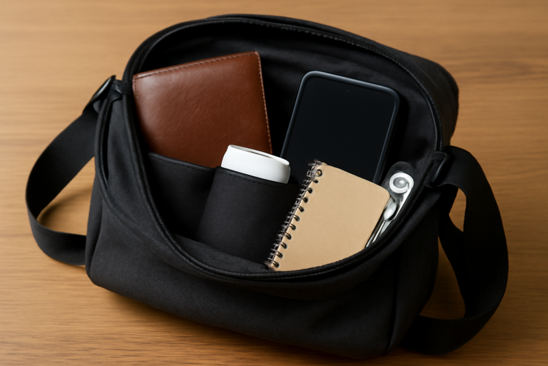 sac bandouliere ouvert avec essentiels visibles