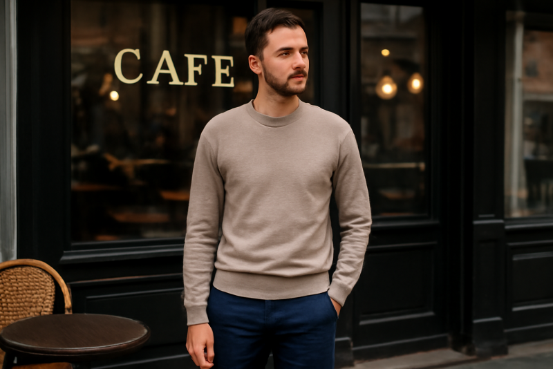 homme debout portant chino devant cafe