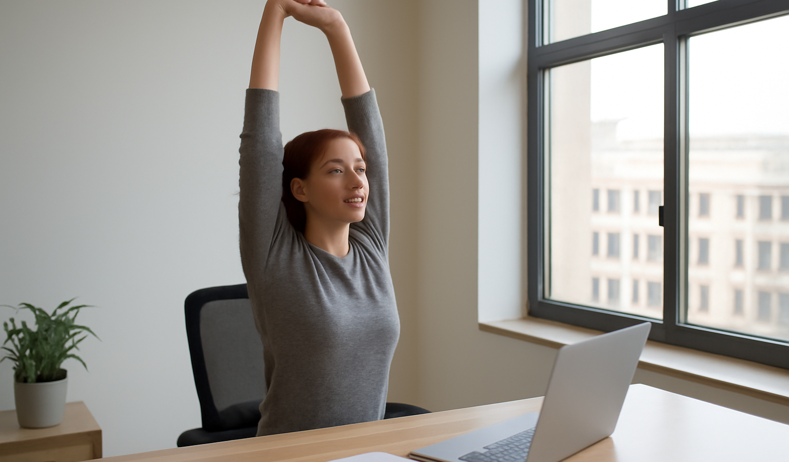 personne faisant étirements près d'une fenêtre de bureau