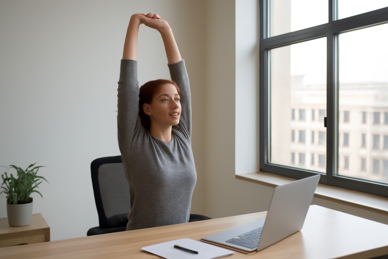 personne faisant étirements près d'une fenêtre de bureau
