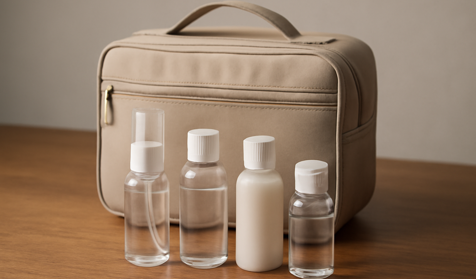 trousse de voyage avec petits flacons sur table