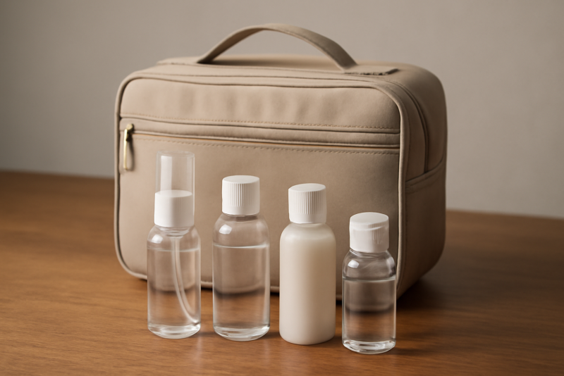 trousse de voyage avec petits flacons sur table