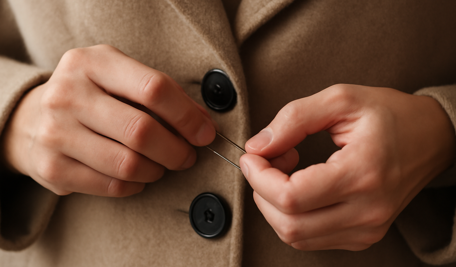 mains attachant boutons d'un manteau avec épingles