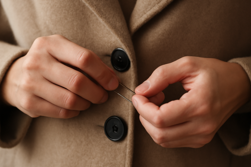 mains attachant boutons d'un manteau avec épingles