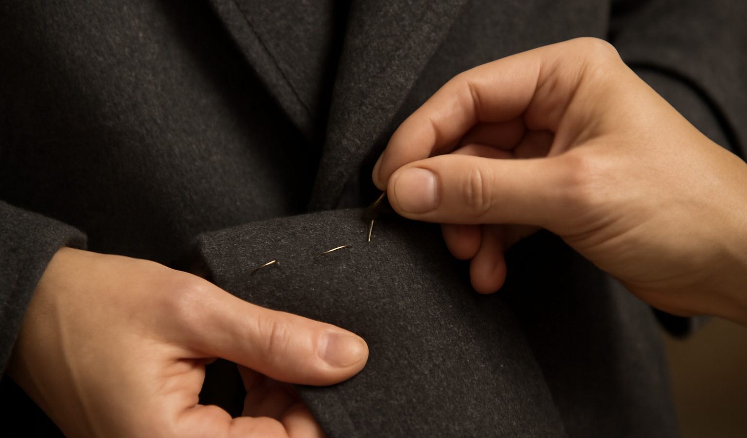 mains fixant épingles sur couture d'un manteau