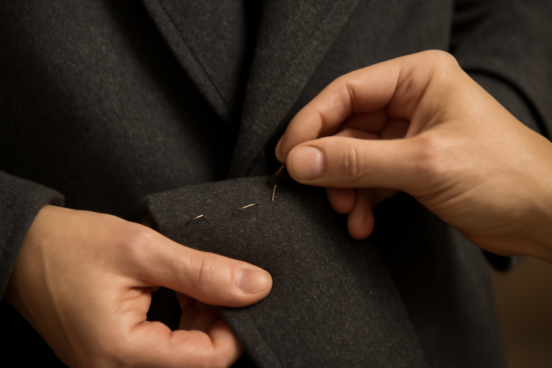 mains fixant épingles sur couture d'un manteau