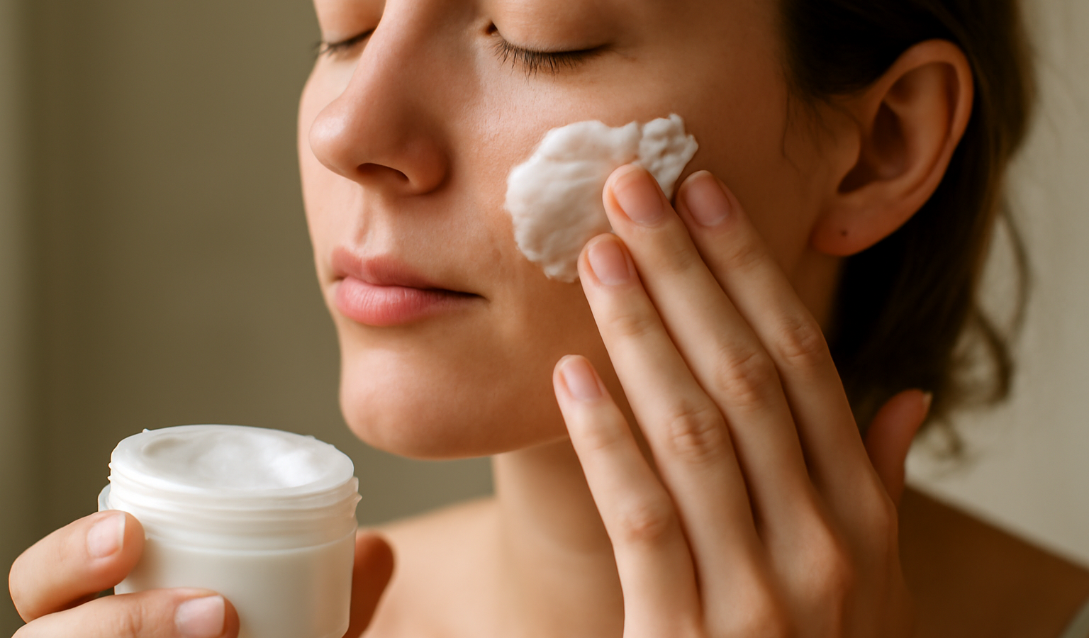mains appliquant crème sur visage le matin
