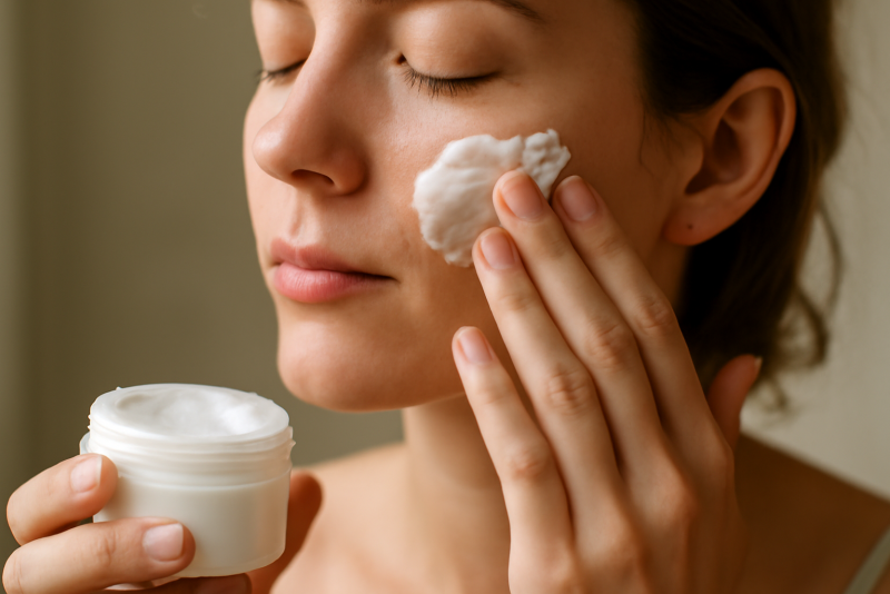 mains appliquant crème sur visage le matin