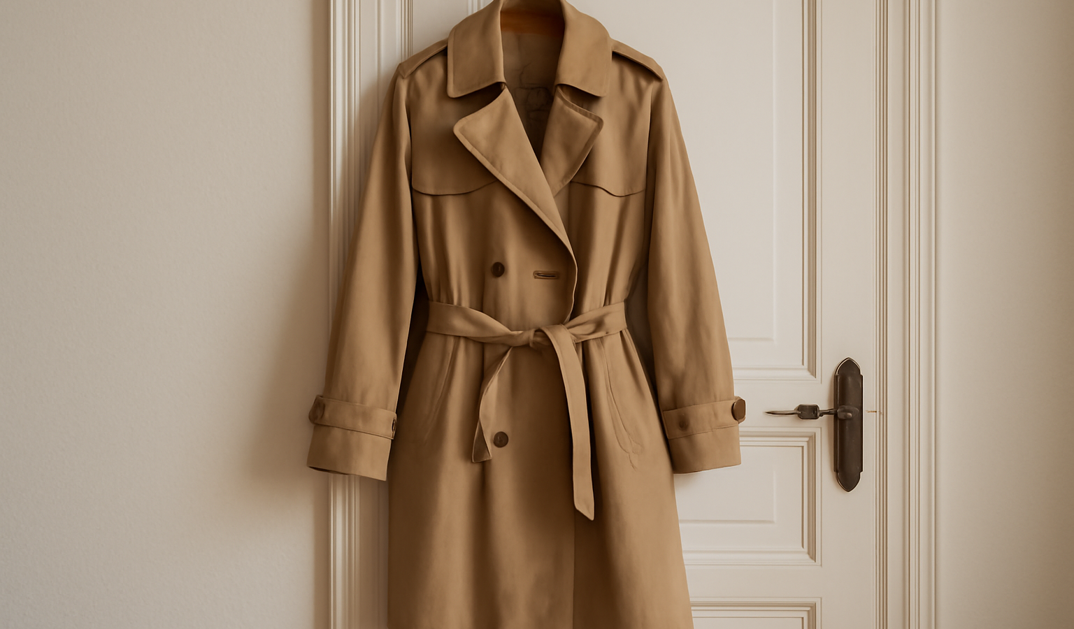 manteau trench suspendu près d'une porte