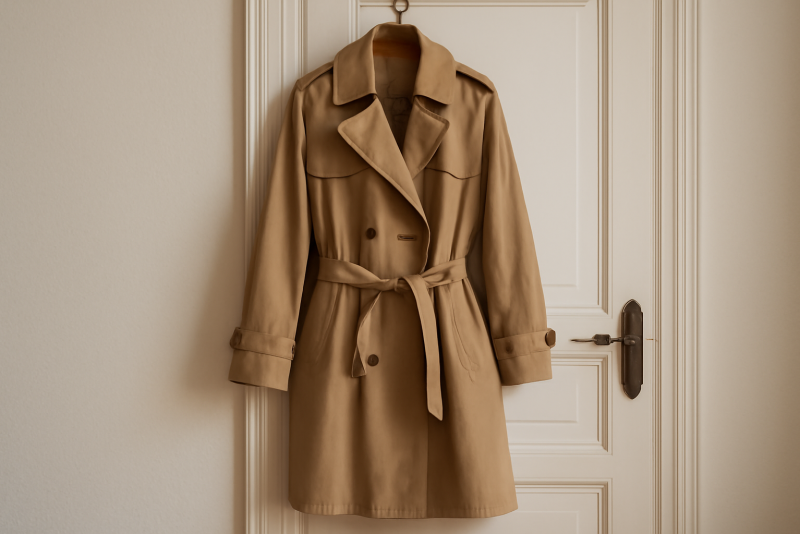 manteau trench suspendu près d'une porte