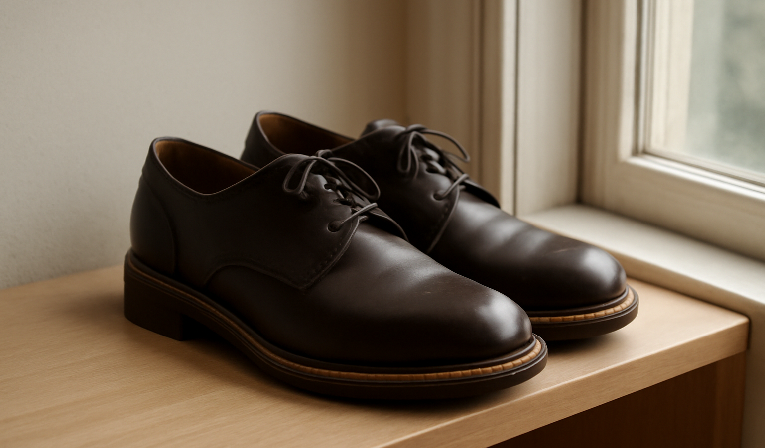paire de chaussures posée sur une étagère près d'une fenêtre